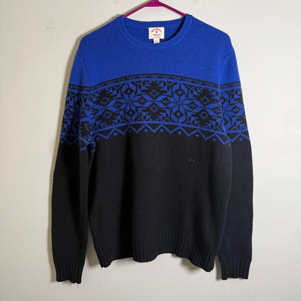 Brooks Brothers Red Fleece Mens Blue Black Fair Isle Merino Wool Sweater Large